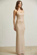 Ghia Champagne Sleeveless Mesh Diamanté Backless Maxi Dress