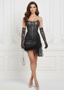Sachi Strapless Lace Corset Draped Feather Trim Mini Dress with Matching Gloves