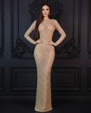 Sarala Nude Long Sleeve Rhinestone Embellished Maxi Gown
