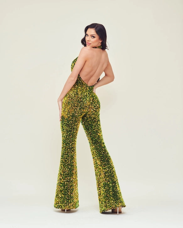 Taryn Gold Velvet Sequin Deep V Backless Jumpsuit