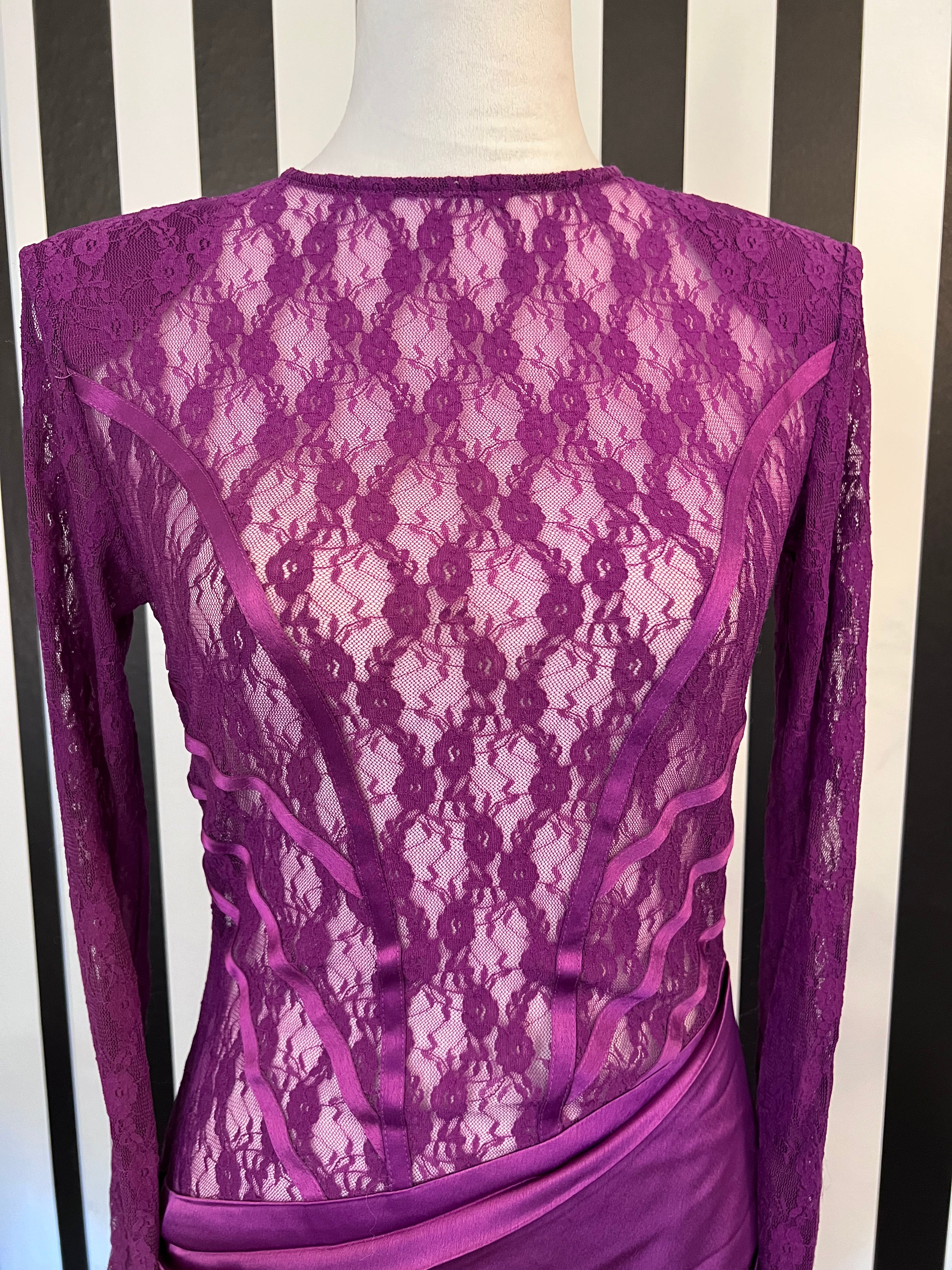 Kai Purple Long Sleeve Lace Open Back Satin Ruched Mini Dress