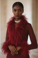 Cassie Sheer Long Sleeve Cardigan with Feather Collar and Sleeve Trim