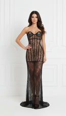 Harlett Strapless Sweetheart Neck Black Lace Nude Lining Maxi Train Dress