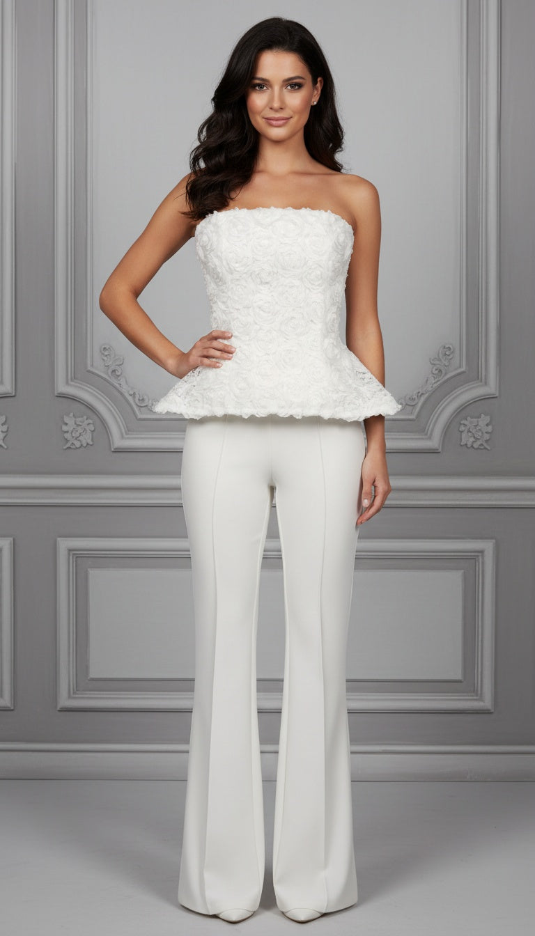 Roma Strapless White 3D Rose Appliqué Peplum Top and Pant Set