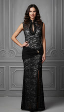 Tajay Black Lace Keyhole Mock Neck High Slit Maxi Dress