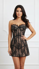 Miley Strapless Sweetheart Neck Black Lace Nude Lining Mini Dress