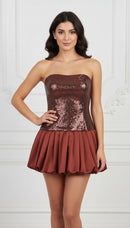 Marley Burgundy Brown Strapless Sequin Bodice Satin Ruffle Skirt Mini Dress
