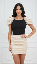 Lavinia Ivory Short Puff Sleeve Black Bodice Ruched Ivory Skirt Mini Dress