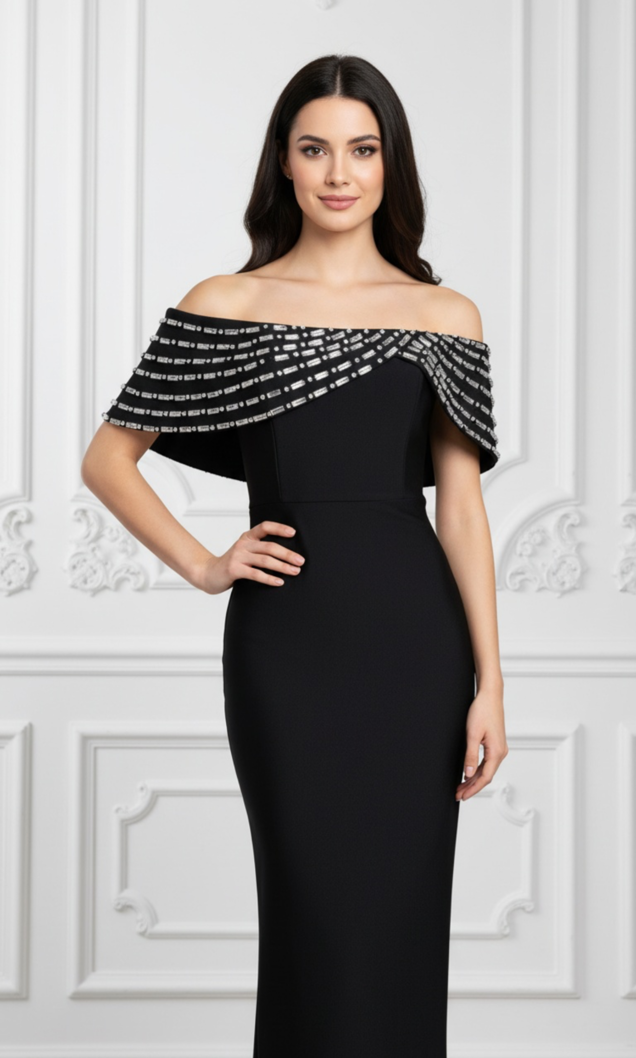 Rosabel Black Off Shoulder Crystal Detail Bandage Maxi Dress