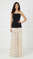 Philena Black Strapless Bodice Ivory 3D Floral Mesh Maxi Skirt Dress