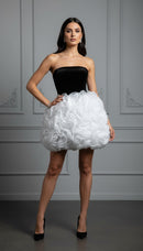 Justina Strapless Black Velvet and 3D Floral White Skirt Mini Dress