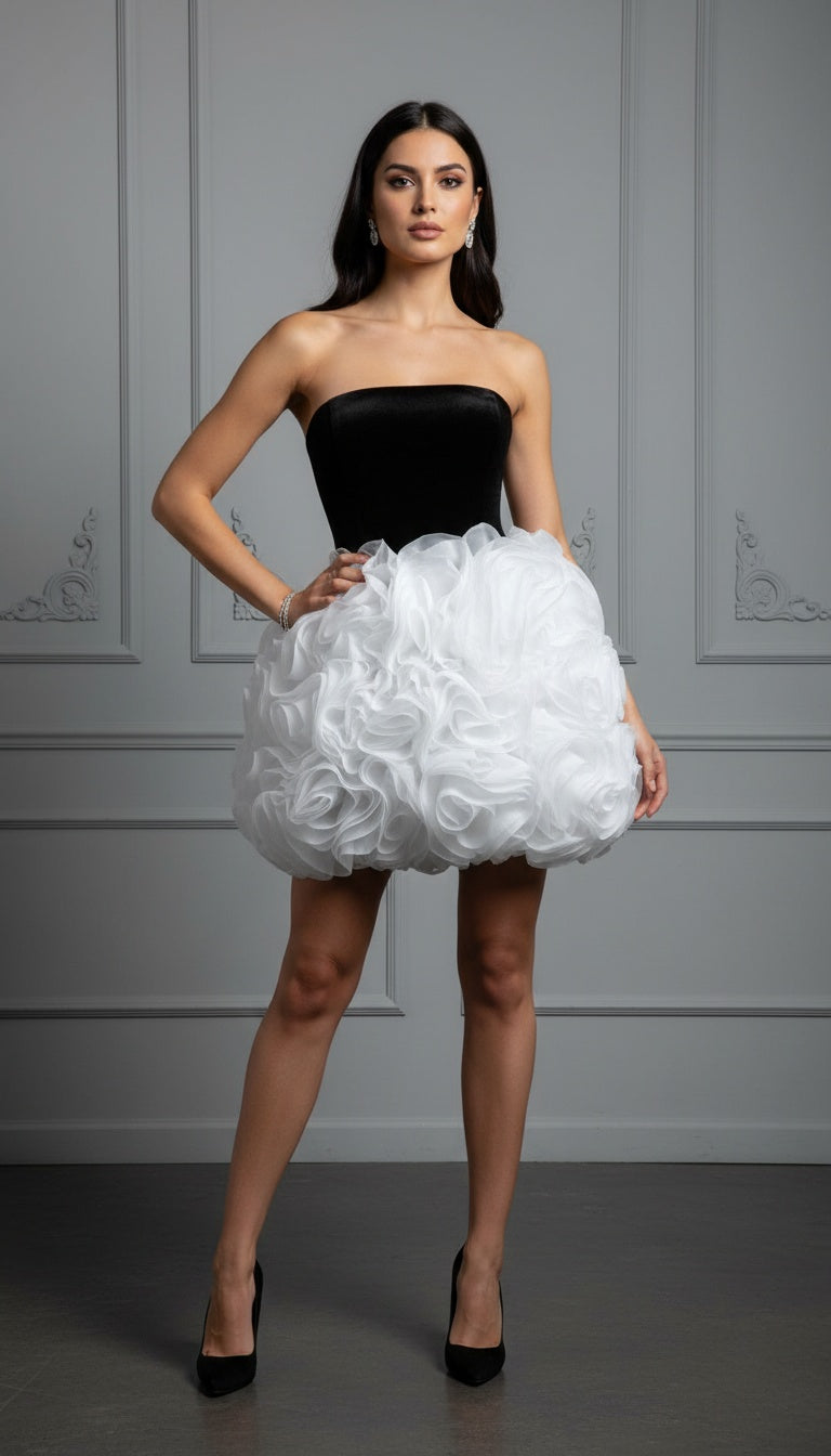 Justina Strapless Black Velvet and 3D Floral White Skirt Mini Dress