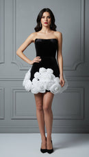 Julane Black Strapless Velvet Corset ALine Mini with White Satin 3D Flower Hem