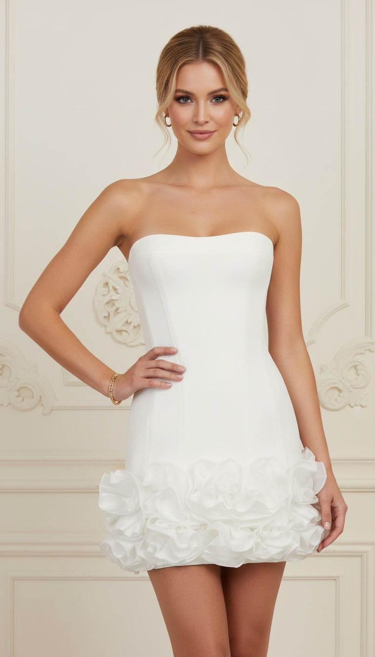 strapless lace up corset ruffle mini dresses Strapless Ruched Bodice LaceUp Back Tiered Ruffle Dress