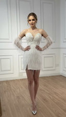 Martine Beaded Off Shoulder Feather Embellished Mini Dress