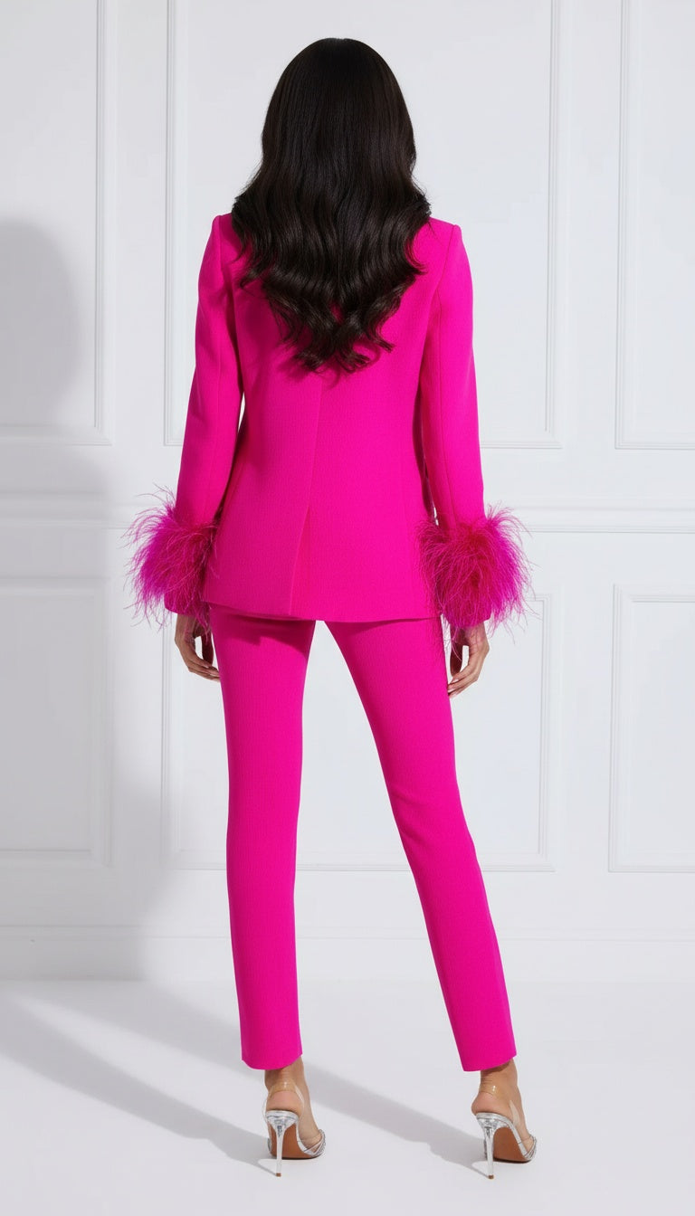 Cinda Rhinestone and Feather Embellished Blazer and Pant Set