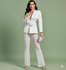 Amber White Satin 3D Rose Cutout Back Blazer and Pearl Mesh Pant Set