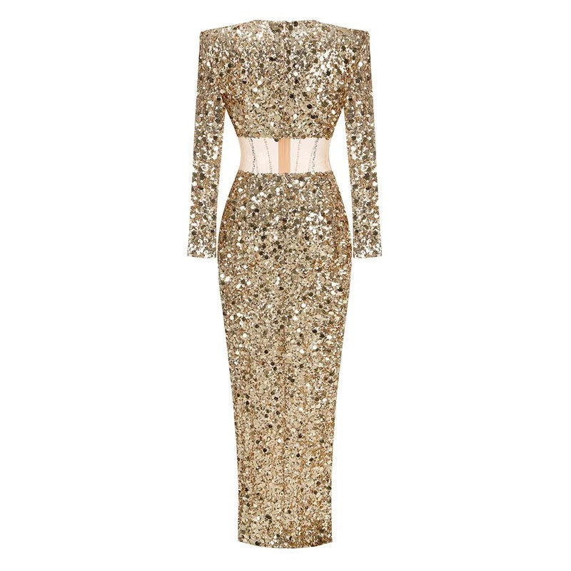 Mariana Long Sleeve Gold Sequin Mesh Corset High Slit Maxi Gown