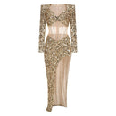 Mariana Long Sleeve Gold Sequin Mesh Corset High Slit Maxi Gown