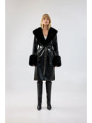 Callia Black Patent Vegan Leather and Faux Fur Trench Coat