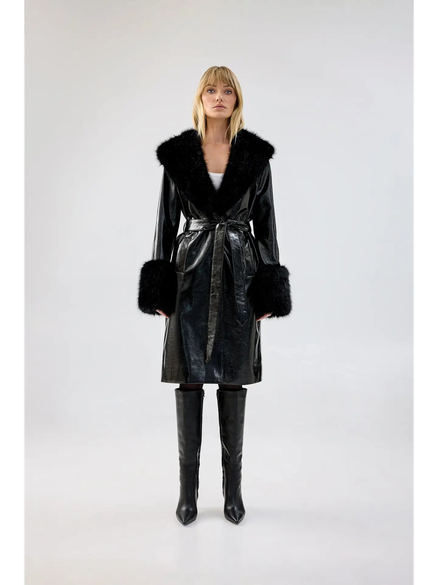 Callia Black Patent Vegan Leather and Faux Fur Trench Coat