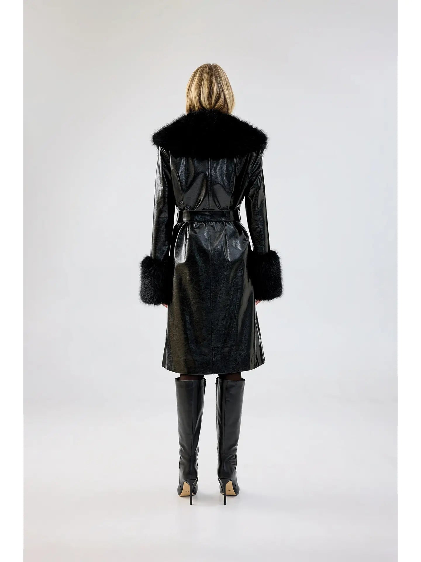 Callia Black Patent Vegan Leather and Faux Fur Trench Coat