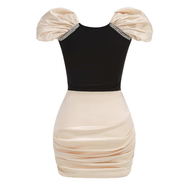 Lavinia Ivory Short Puff Sleeve Black Bodice Ruched Ivory Skirt Mini Dress