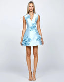 Journi Light Blue Sleeveless VNeck 3D Floral Embellished Satin Mini Dress