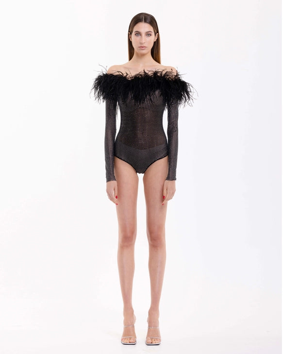 Effortlessly Luxe Black Feather Long Sleeve Bodysuit