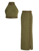 Nadia Olive Halter Mock Neck Crop Gold Bead Trim Maxi Skirt Set