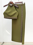 Nadia Olive Halter Mock Neck Crop Gold Bead Trim Maxi Skirt Set