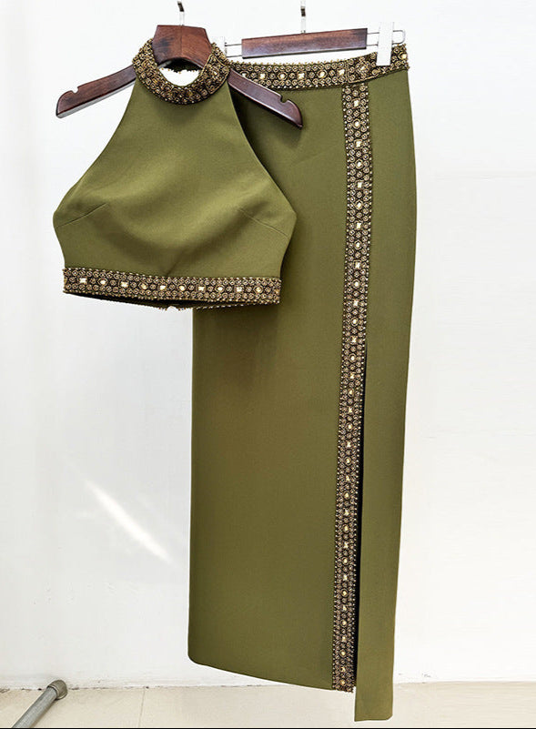 Nadia Olive Halter Mock Neck Crop Gold Bead Trim Maxi Skirt Set