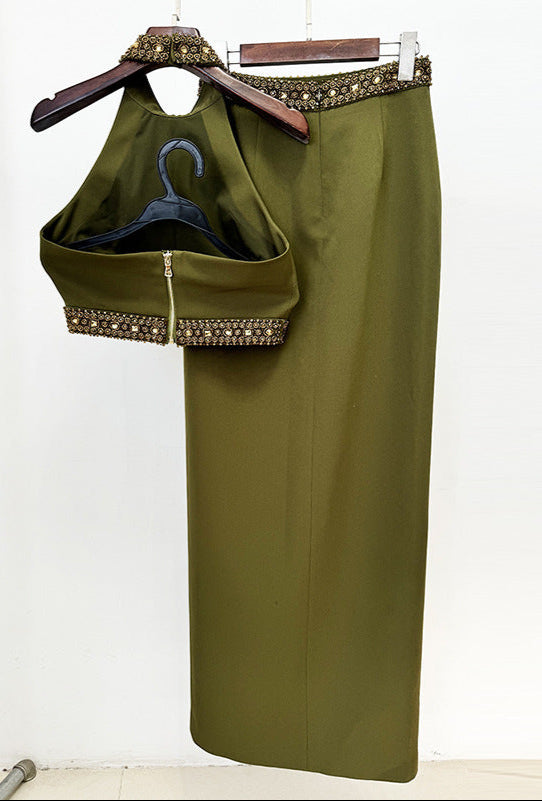 Nadia Olive Halter Mock Neck Crop Gold Bead Trim Maxi Skirt Set