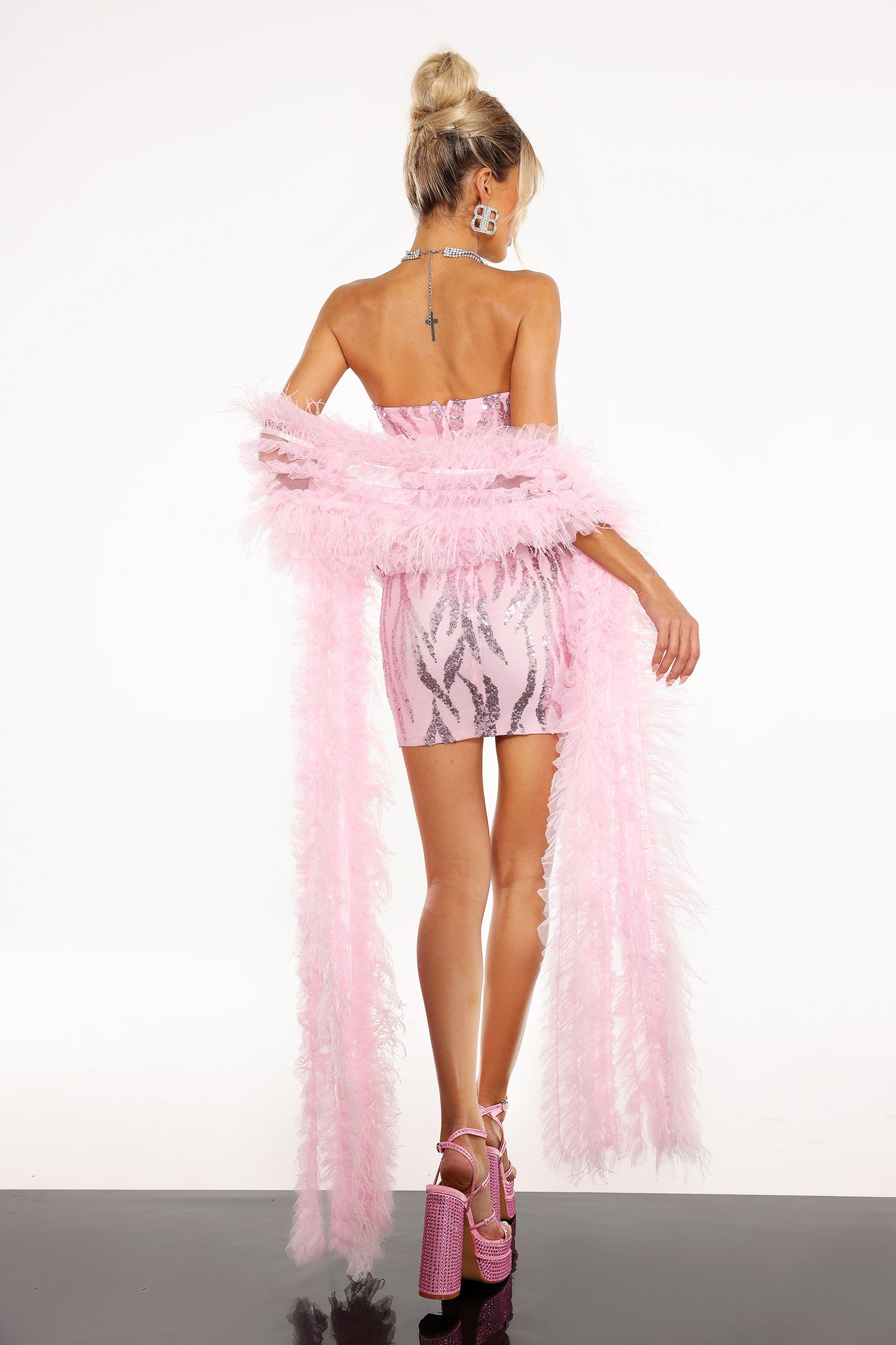 Selena Pink Strapless Rhinestone Sequin Corset Mini Dress with Feather Tulle Shoulder Wrap