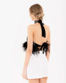 Evangeline Rhinestone Feather Trim Tie Backless Halter Crop Top