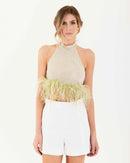 Evangeline Rhinestone Feather Trim Tie Backless Halter Crop Top