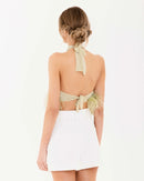 Evangeline Rhinestone Feather Trim Tie Backless Halter Crop Top