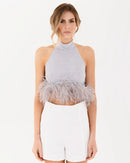 Evangeline Rhinestone Feather Trim Tie Backless Halter Crop Top