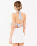 Evangeline Rhinestone Feather Trim Tie Backless Halter Crop Top