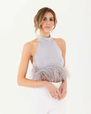 Evangeline Rhinestone Feather Trim Tie Backless Halter Crop Top