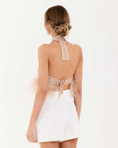 Evangeline Rhinestone Feather Trim Tie Backless Halter Crop Top