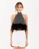 Evangeline Rhinestone Feather Trim Tie Backless Halter Crop Top