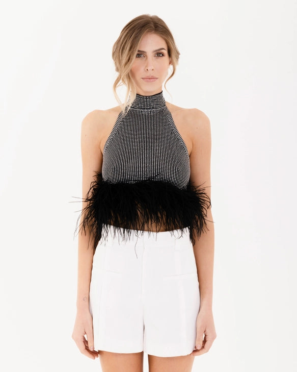 Evangeline Rhinestone Feather Trim Tie Backless Halter Crop Top