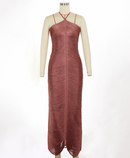 Cheira Sleeveless Halter Draped Fringe Maxi Dress