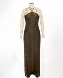 Cheira Sleeveless Halter Draped Fringe Maxi Dress