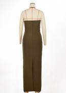 Cheira Sleeveless Halter Draped Fringe Maxi Dress
