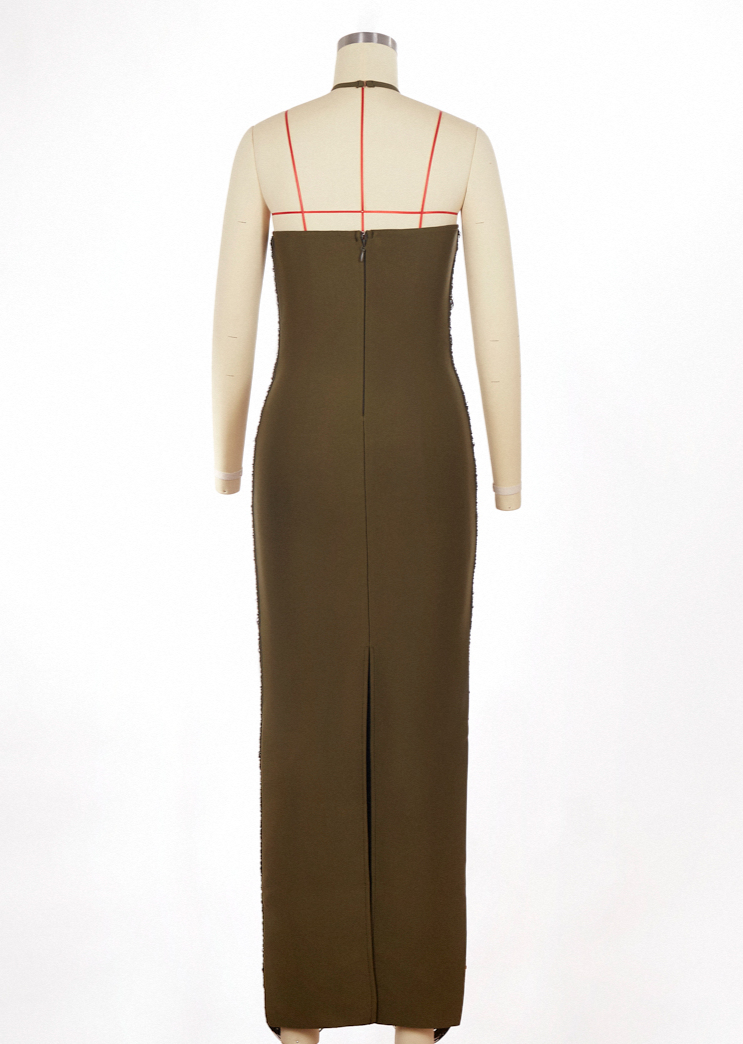 Cheira Sleeveless Halter Draped Fringe Maxi Dress