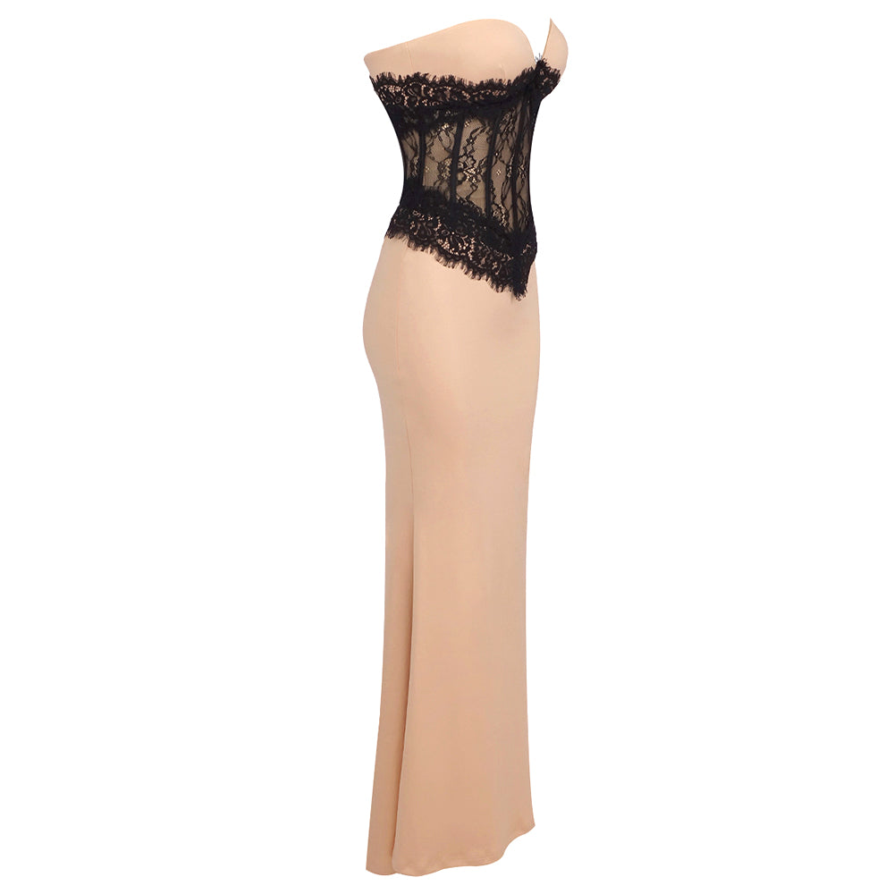 Macilee Strapless Beige Sweetheart Neckline Black Lace Corset Maxi Mermaid Dress