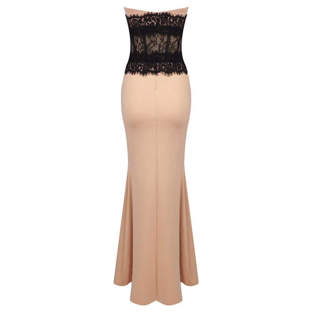 Macilee Strapless Beige Sweetheart Neckline Black Lace Corset Maxi Mermaid Dress