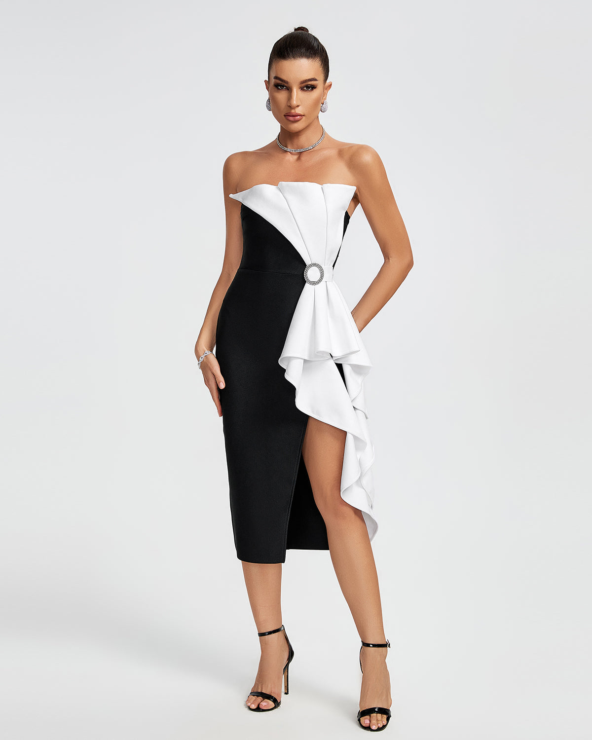 Jordyn Strapless Black White Sash Detail Midi Bandage Dress